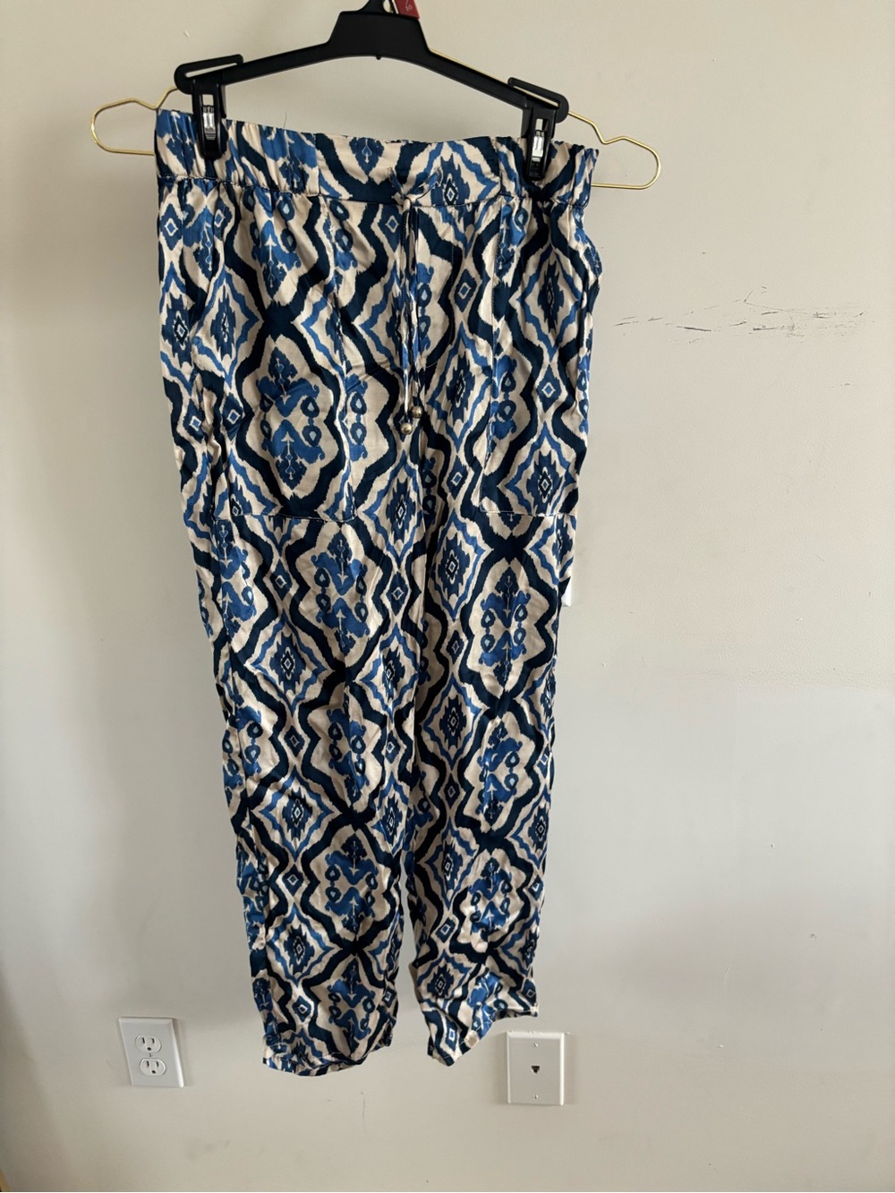 Zara Blue & Cream Printed Drawstring Pants – Size Smal